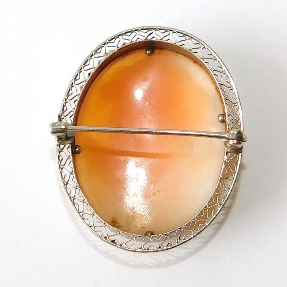 Antique 10K Solid White Gold Carved Cameo Brooch Art Deco Filigree Vintage - Picture 4 of 8